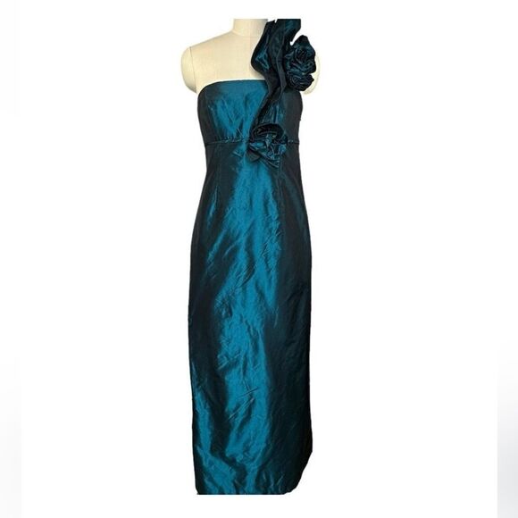 Kay Unger Teal Silk Taffeta Ruffle Shoulder Cocktail Dress| Size 6 - Picture 1 of 8